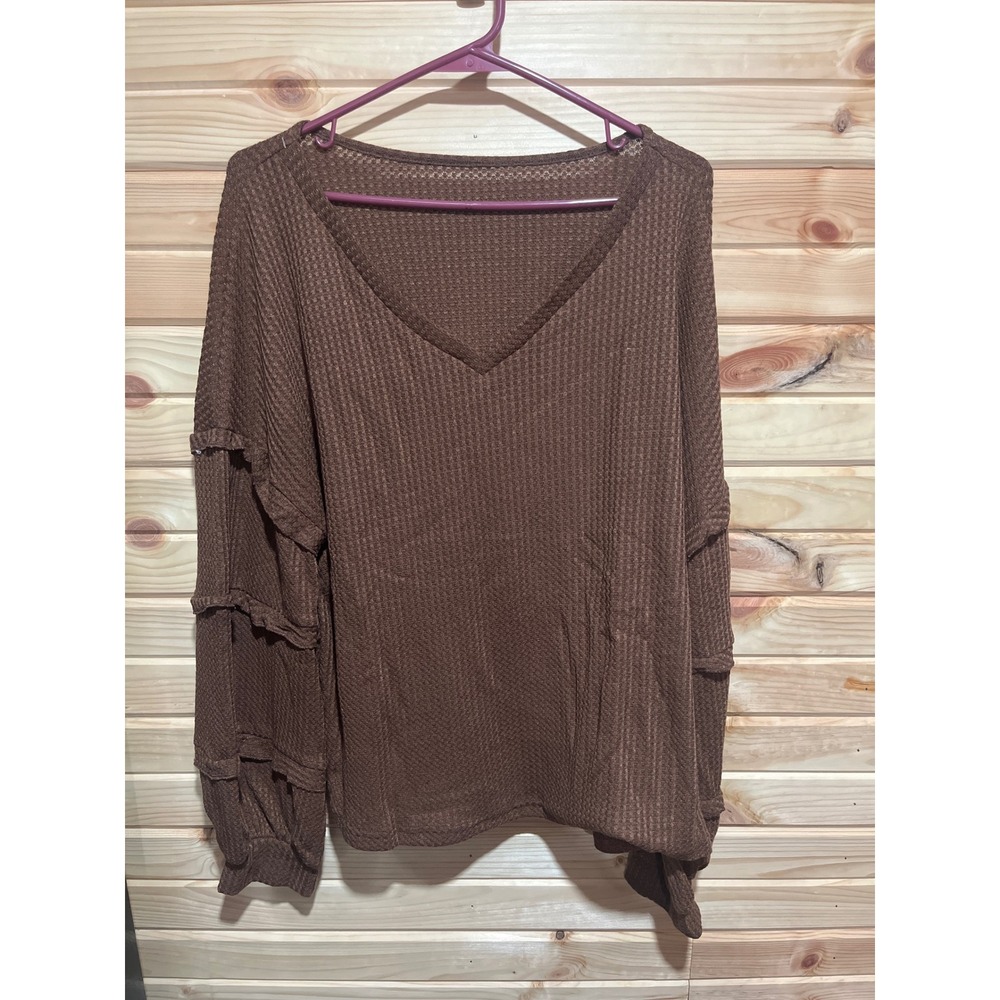 Brown Waffle Knit V-Neck Ruffle‎ Sleeve Pullover Top XL CAA04C4L001JK